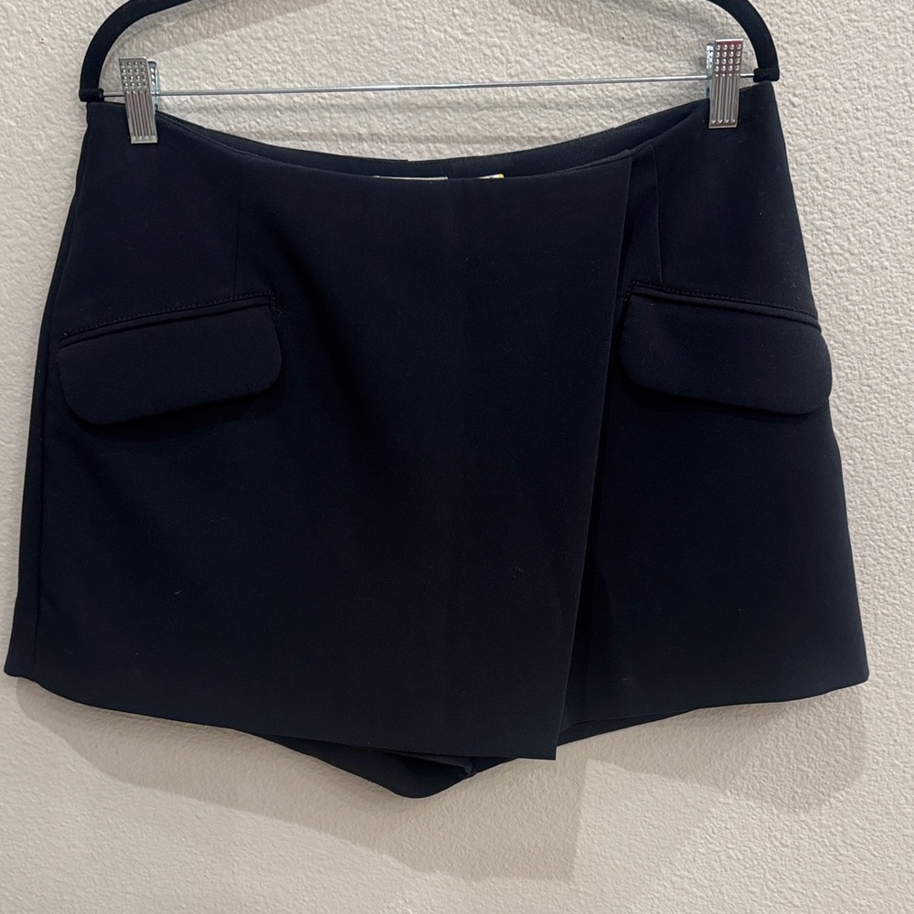 Anthropologie Black Faux-Wrap Skort with Flap Pockets